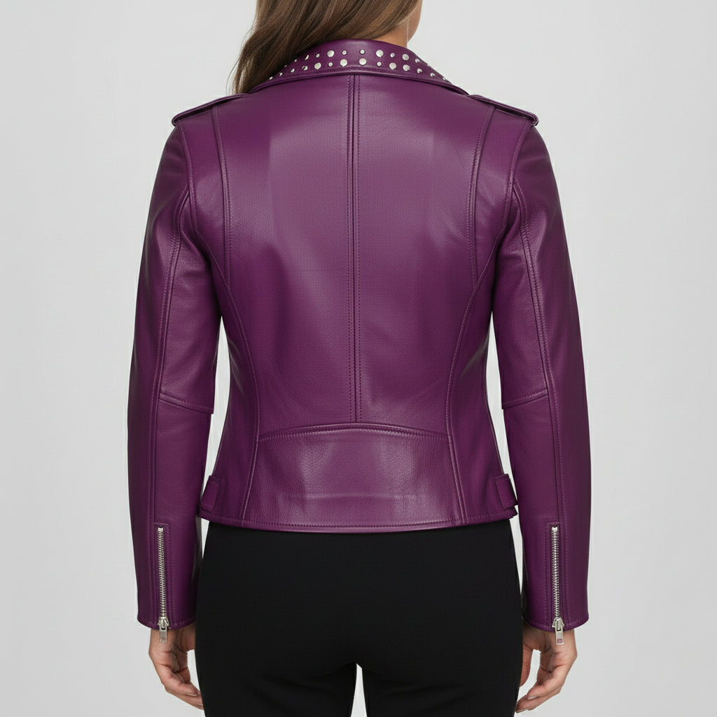 Women's Purple Studded Leather Biker Jacket