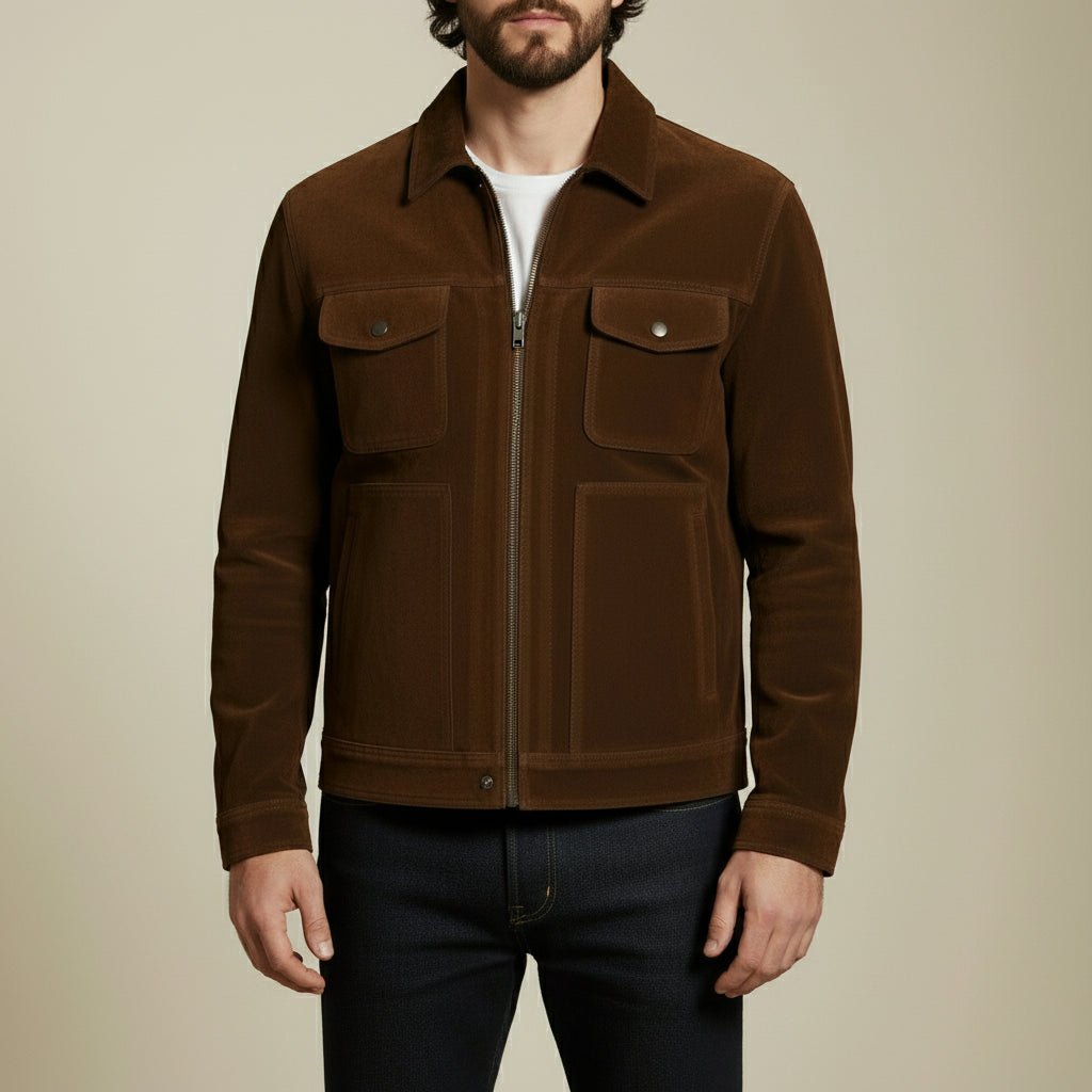 Men's Brown Suede Trucker Jacket