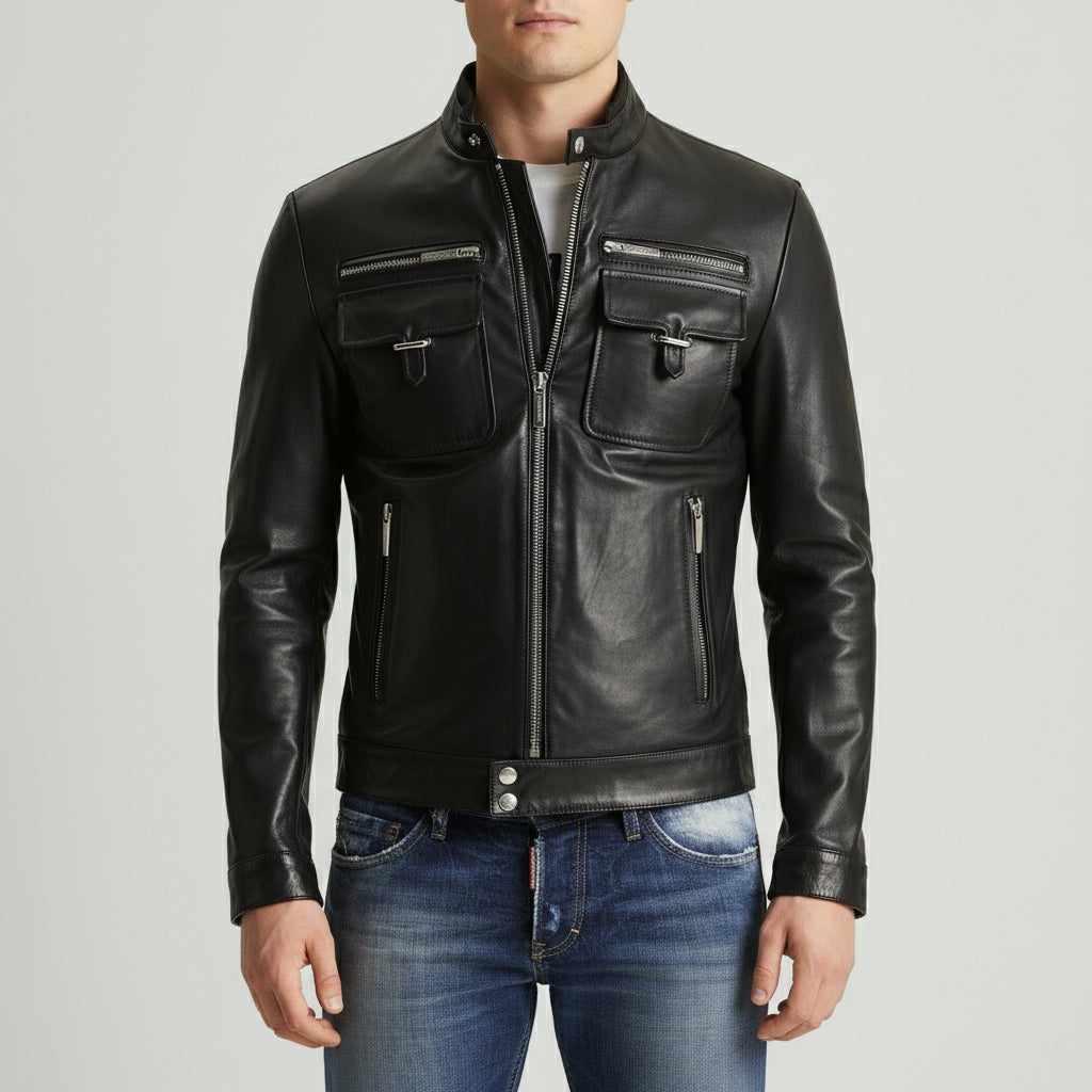 Men's Black Slim Fit Leather Biker Jacket