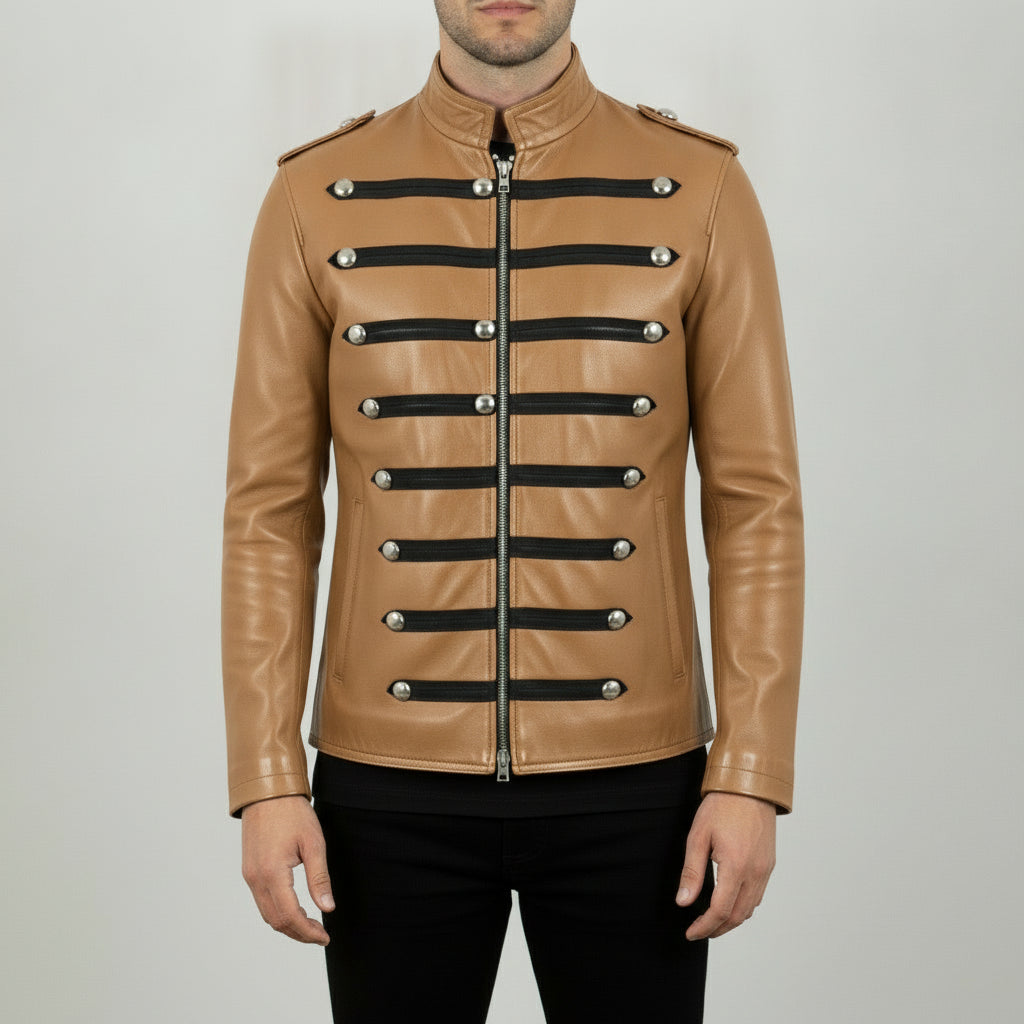 Tan Leather Military Jacket
