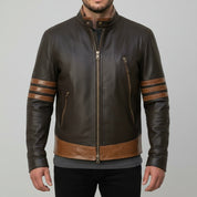 Men's Dark Brown and Tan Leather Biker Jacket