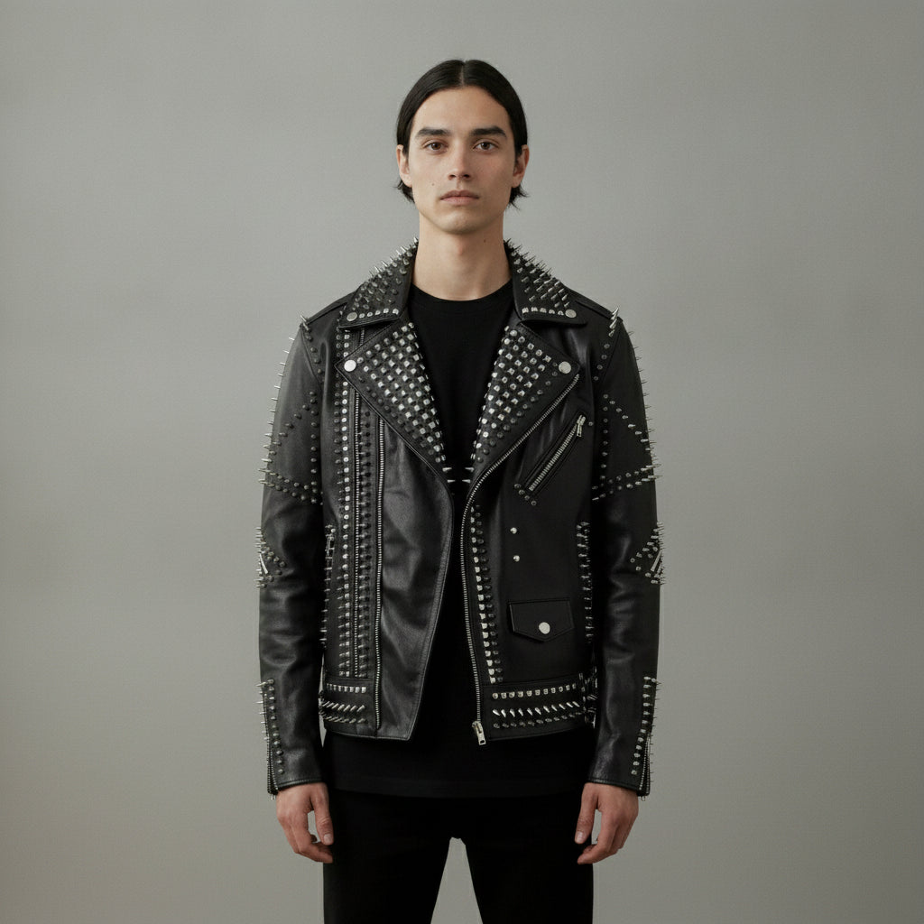 Men's Black Embroidered Studded Leather Biker Jacket – Rebels Market