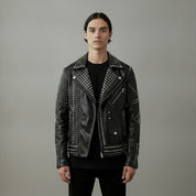 Men's Black Embroidered Studded Leather Biker Jacket
