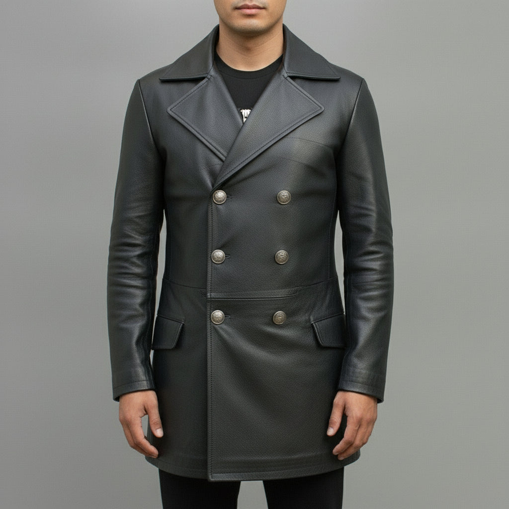 Men's Black Leather Trench Coat