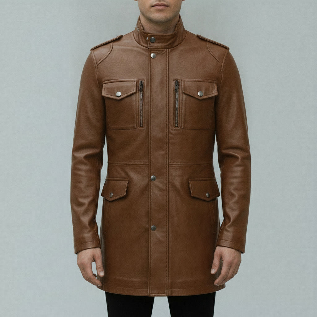 Men's Brown Leather Long Jacket