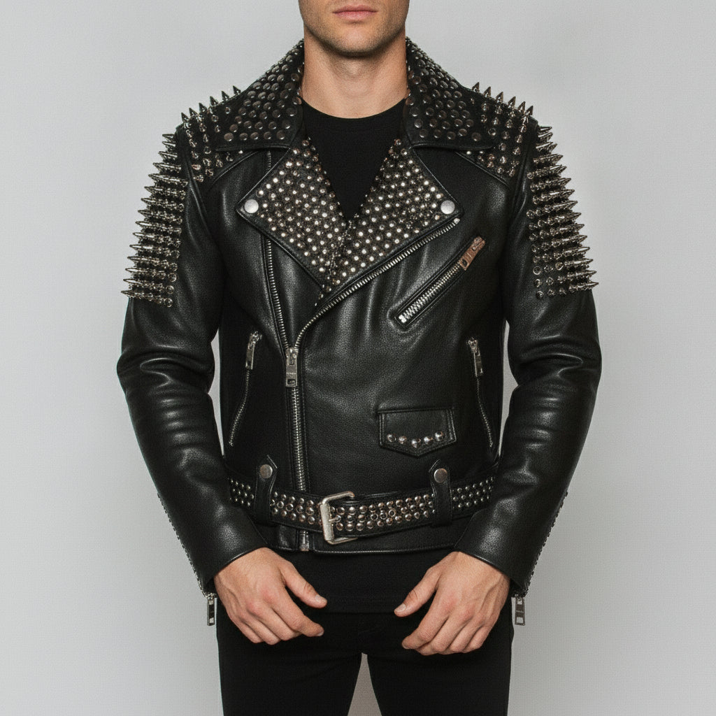 Men's Black Studded Leather Biker Jacket