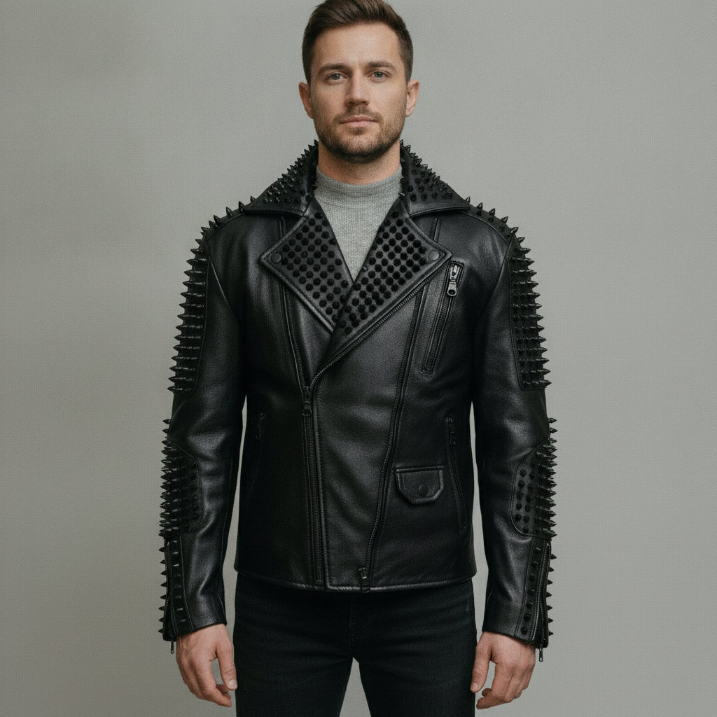 Men's Black Studded Leather Biker Jacket