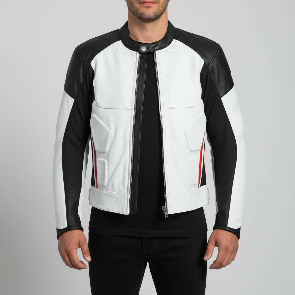 Men's White, Black, and Red Leather Biker Jacket