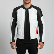Men's White, Black, and Red Leather Biker Jacket