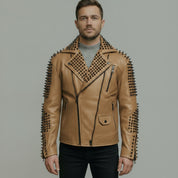 Men's Tan Studded Leather Biker Jacket