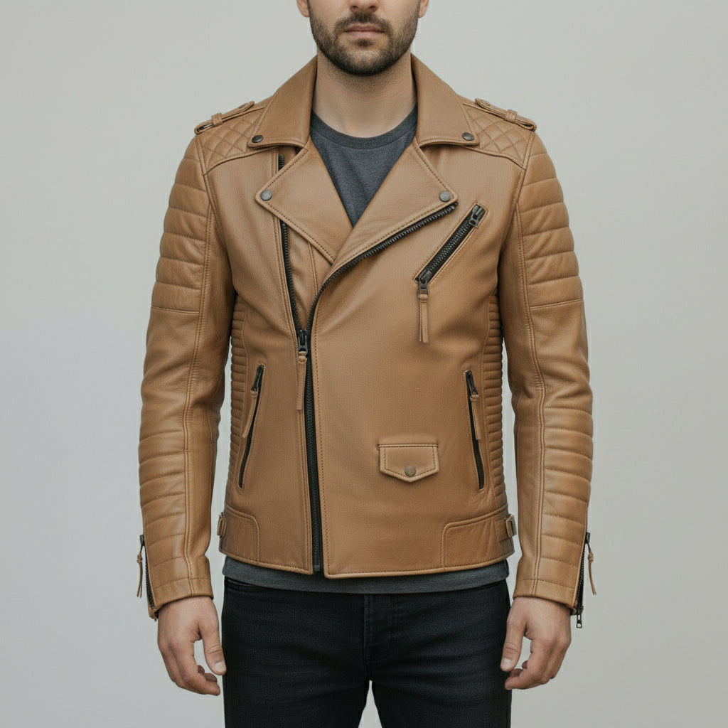 Men's Tan Leather Biker Jacket