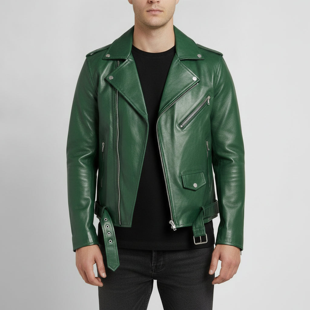 Men's Green Belted Leather Biker Jacket