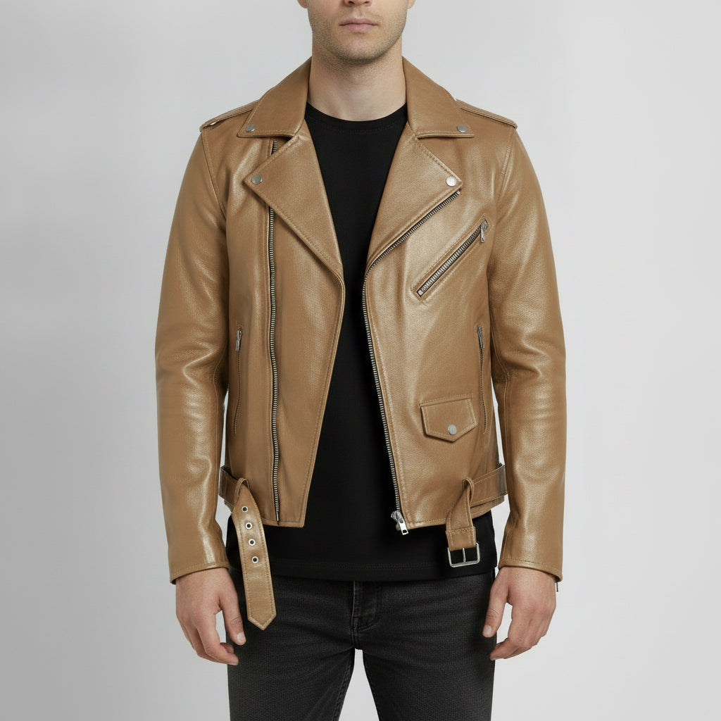 Men's Tan Belted Leather Biker Jacket