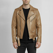 Men's Tan Belted Leather Biker Jacket