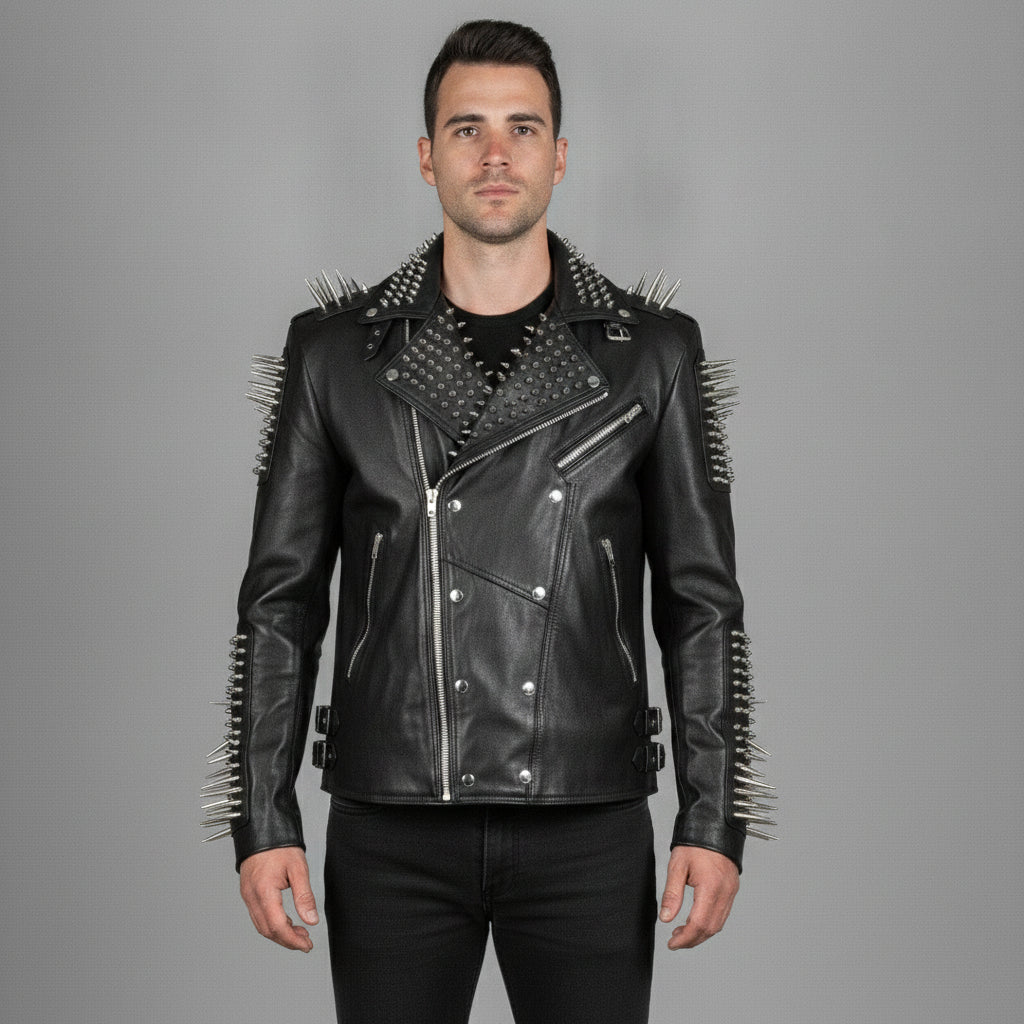 Men's Black Studded Leather Biker Jacket