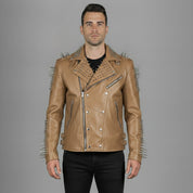 Men's Tan Studded Leather Biker Jacket