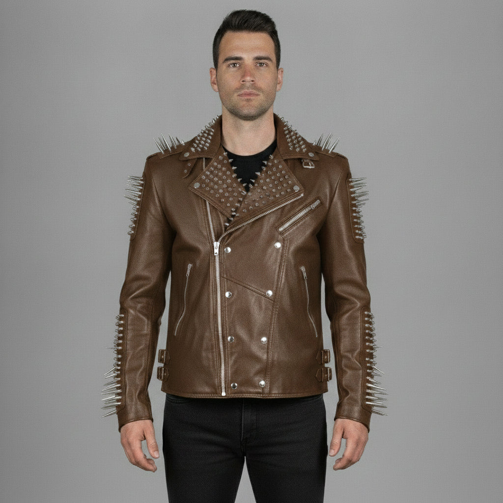 Men's Brown Studded Leather Biker Jacket