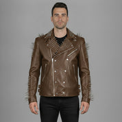 Men's Brown Studded Leather Biker Jacket