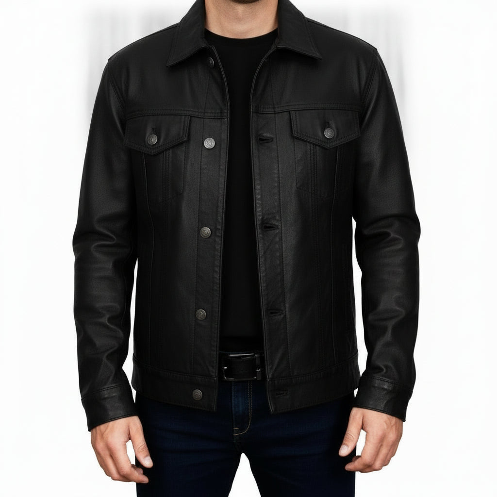 Men's Black Leather Trucker Jacket