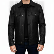 Men's Black Leather Trucker Jacket