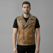 Men's Tan Studded Leather Biker Jacket