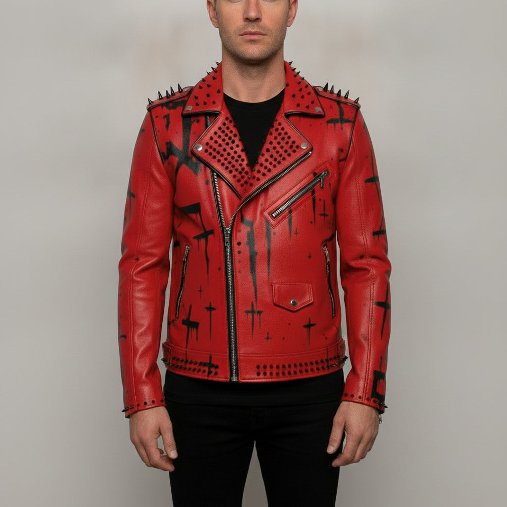 Men's Red Leather Biker Jacket — Norwich