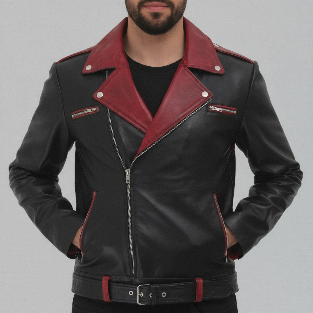 Men's Black and Burgundy Double Rider Leather Biker Jacket — Abbercombe