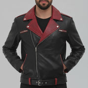 Men's Black and Burgundy Double Rider Leather Biker Jacket — Abbercombe