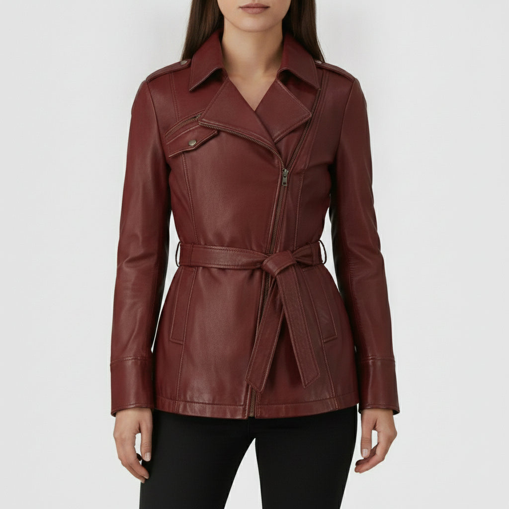 Women's Burgundy Belted Asymmetric Zipper Leather Biker Jacket