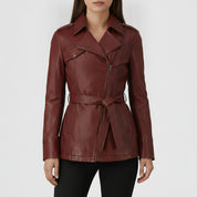 Women's Burgundy Belted Asymmetric Zipper Leather Biker Jacket