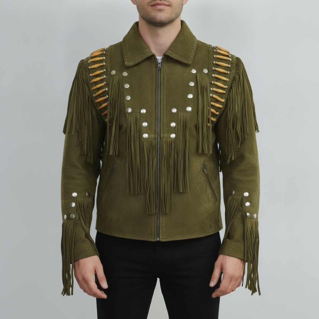 Men's Olive Green Suede Leather Biker Jacket — Cheswick