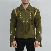 Men's Olive Green Suede Leather Biker Jacket — Cheswick