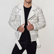 Men's White Studded Leather Biker Jacket — Abberidge