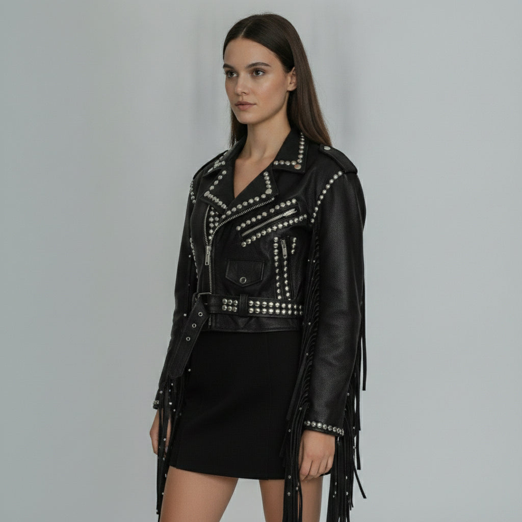 Women's Black Cropped Studded Fringe Leather Biker Jacket — Abbenshaw