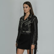 Women's Black Cropped Studded Fringe Leather Biker Jacket — Abbenshaw