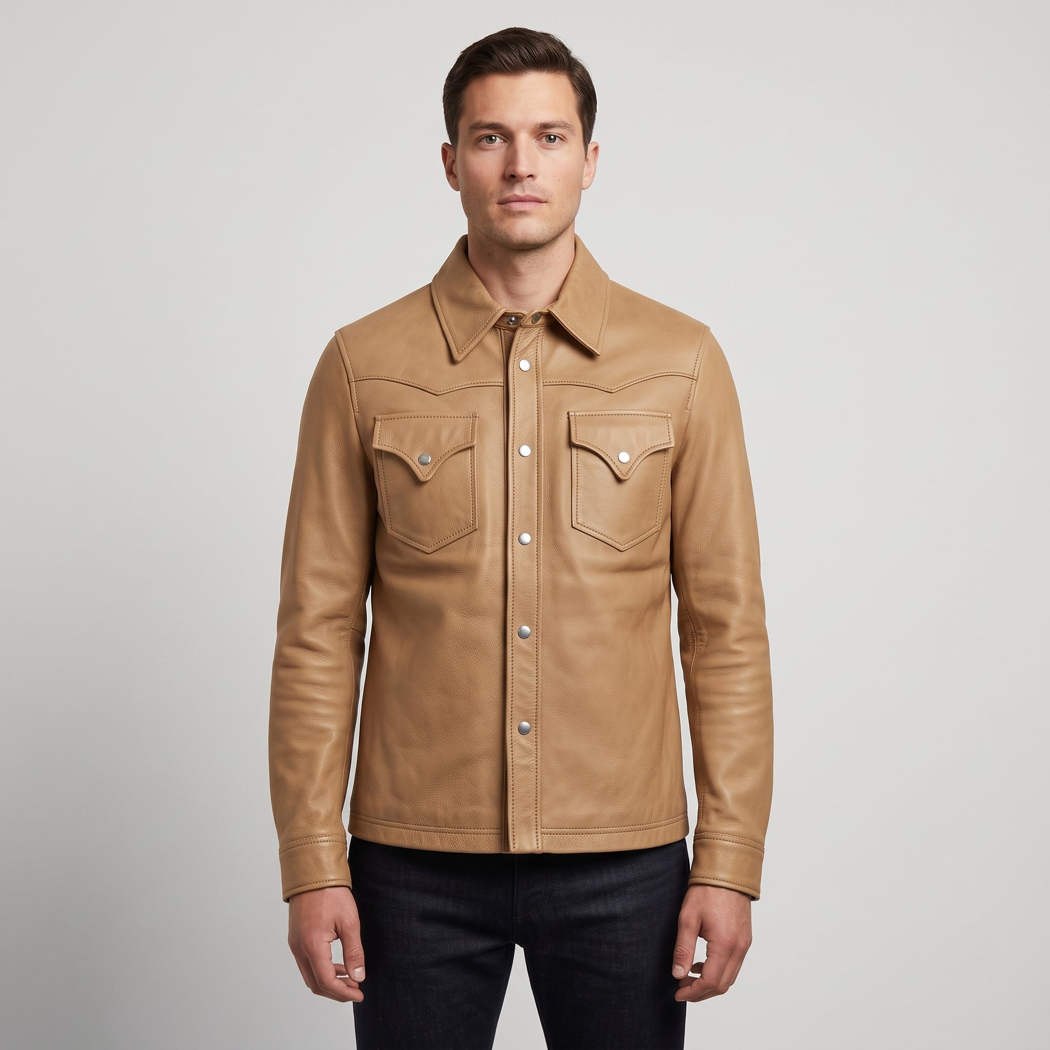 Men's Tan Leather Shirt Jacket — Cursley