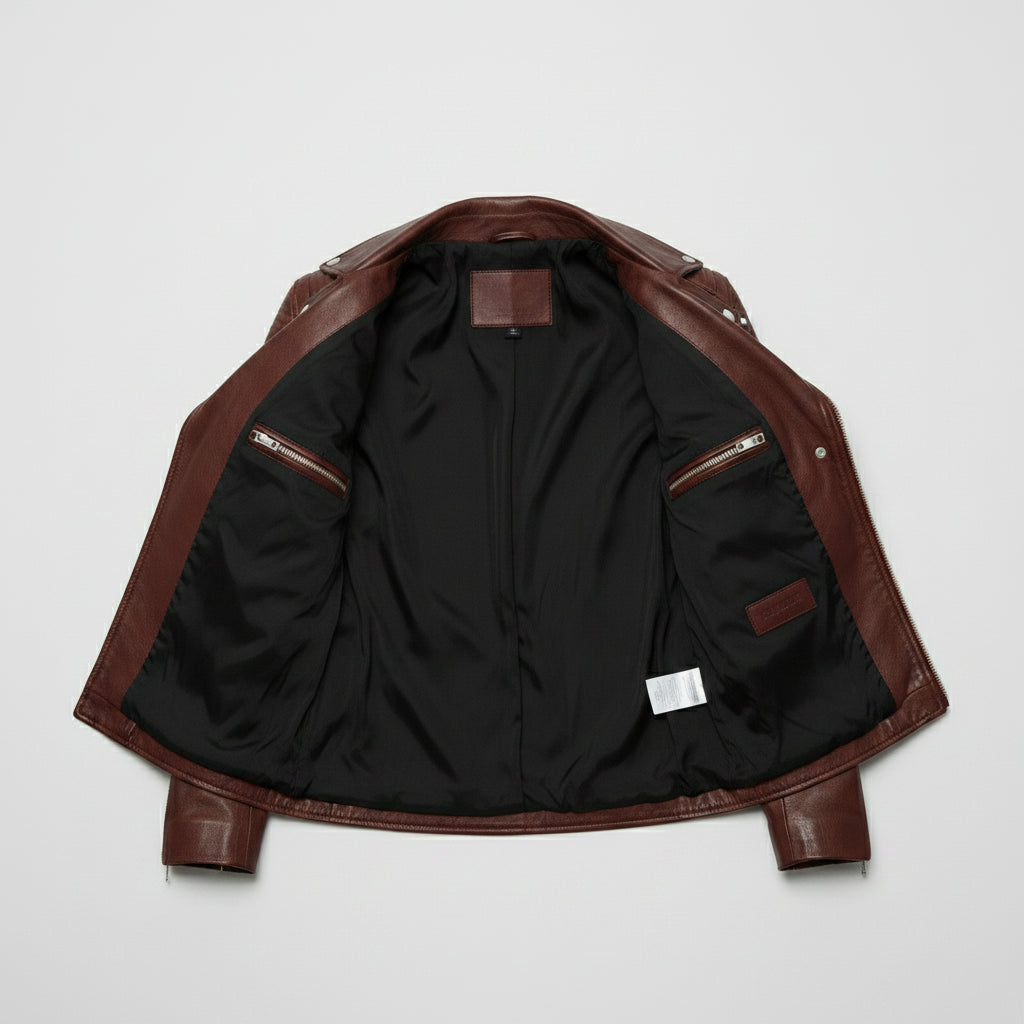 Women's Handmade Biker Maroon Leather Jacket with Zipper Closure