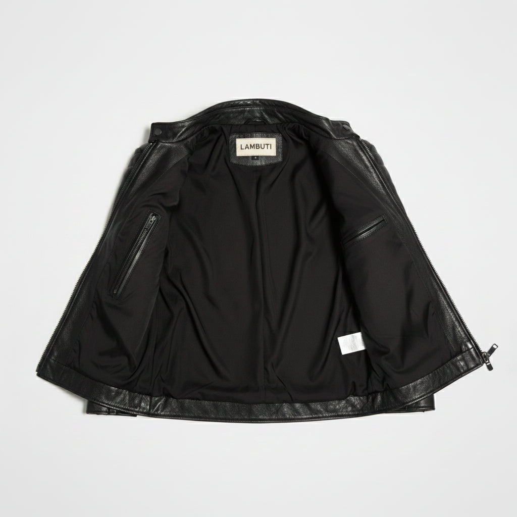 Handmade Men Black Sheep Leather Jacket, Stand Collar Motorcycle Jacket