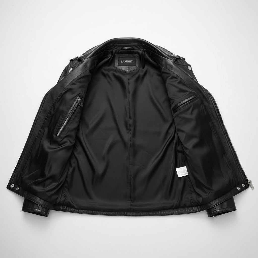 Handmade Men Black Multi Pocktes Biker Leather Jacket, Black Motorcycle Jacket