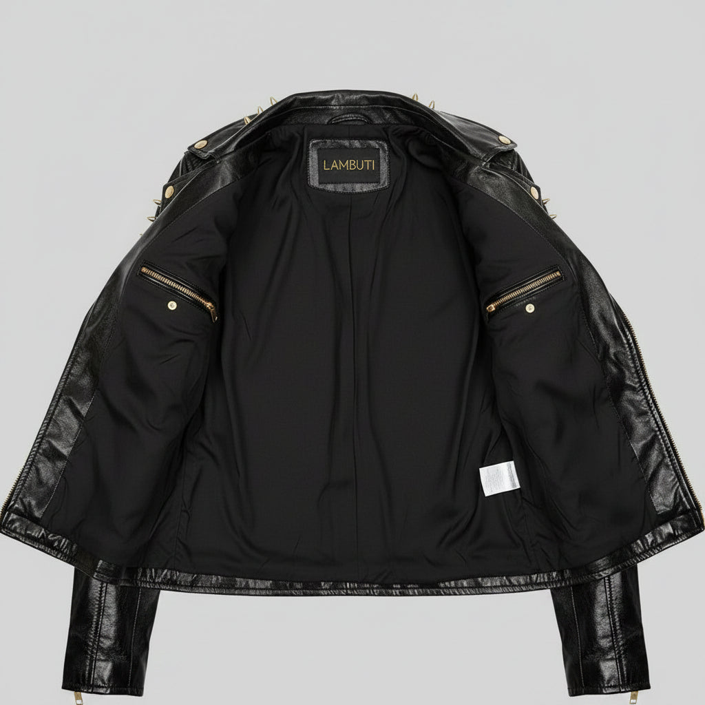 Women's Black Full Golden Spiked Studded Brando Leather Jacket