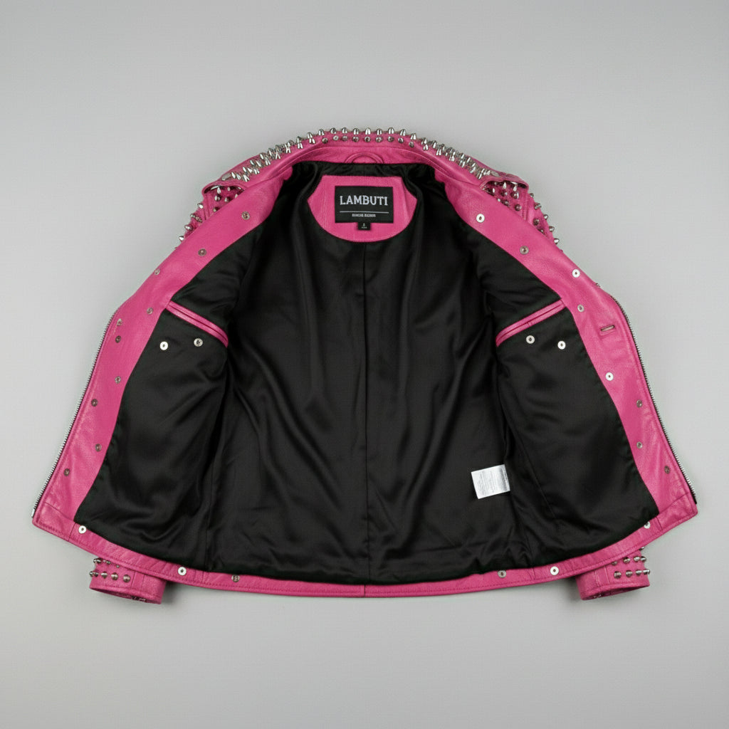 Women's Handmade Gothic Pink Studded Leather Jacket