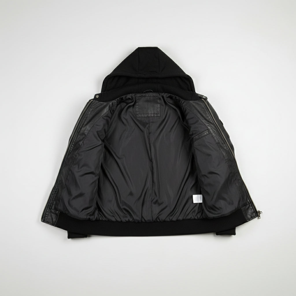 Men's Black Fabric Hooded Leather Bomber Jacket