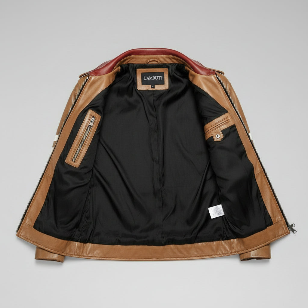 Men's Tan Embroidered Full-Grain Leather Jacket