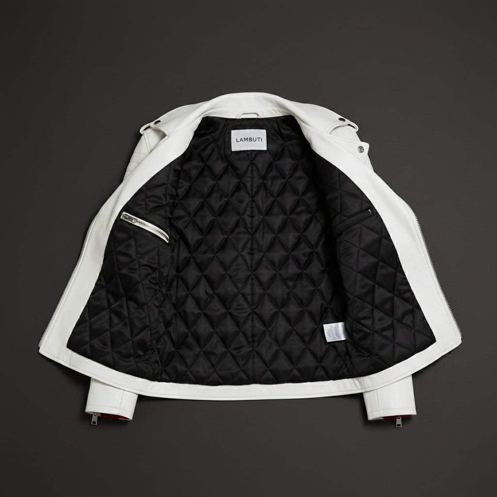 Women's White Biker Lambskin Leather Jacket