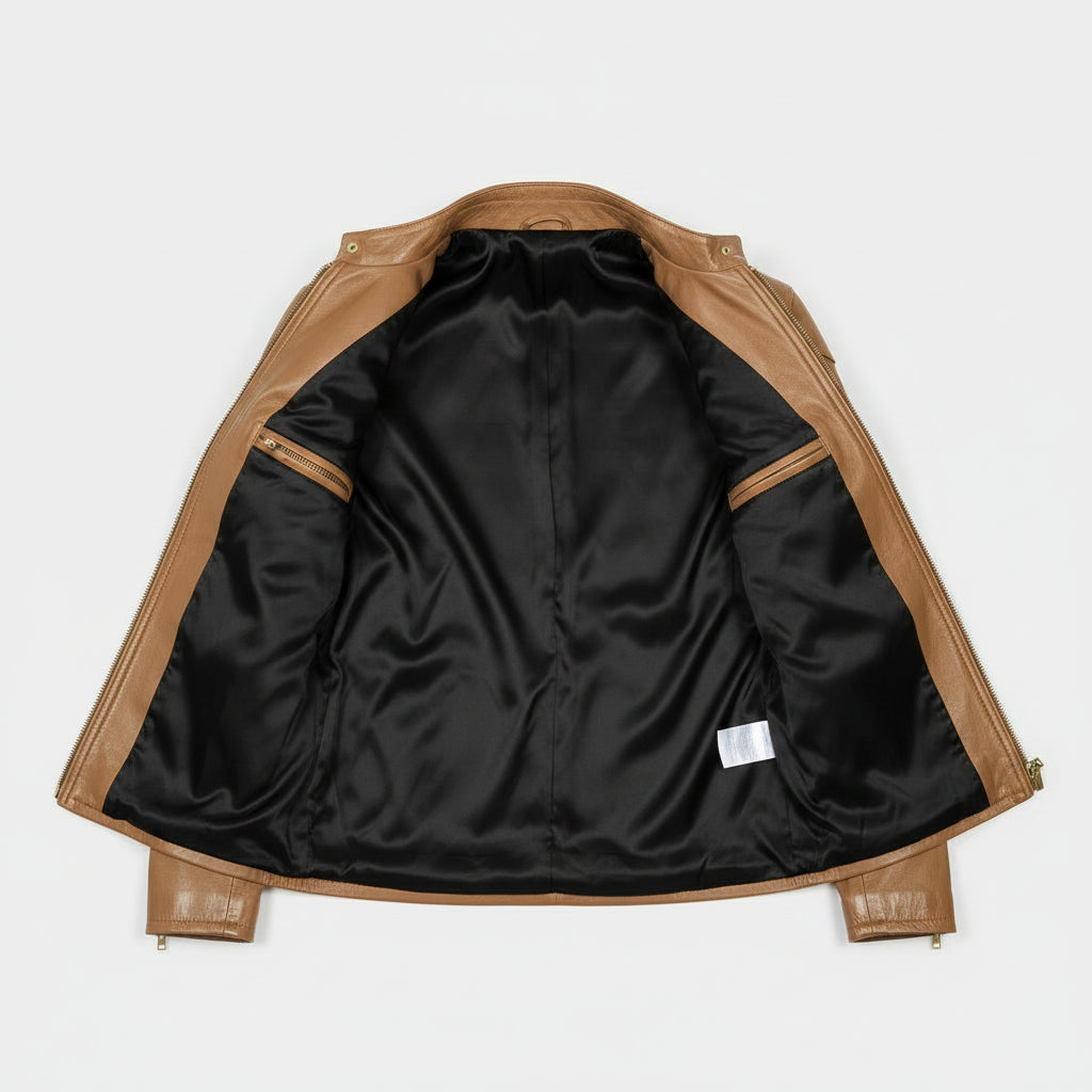 Men's Tan Slim Fit Leather Biker Jacket