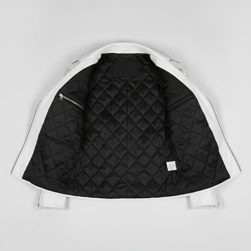 Men's Bright White Studded Leather Biker Jacket — Abberwall