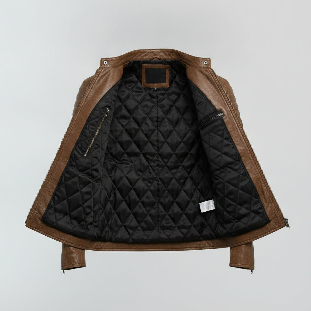 Men's Brown Leather Biker Jacket with Stripes — Pendleton