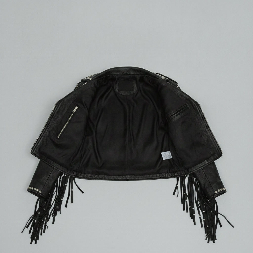 Women's Black Cropped Studded Fringe Leather Biker Jacket — Abbenshaw