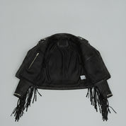 Women's Black Cropped Studded Fringe Leather Biker Jacket — Abbenshaw