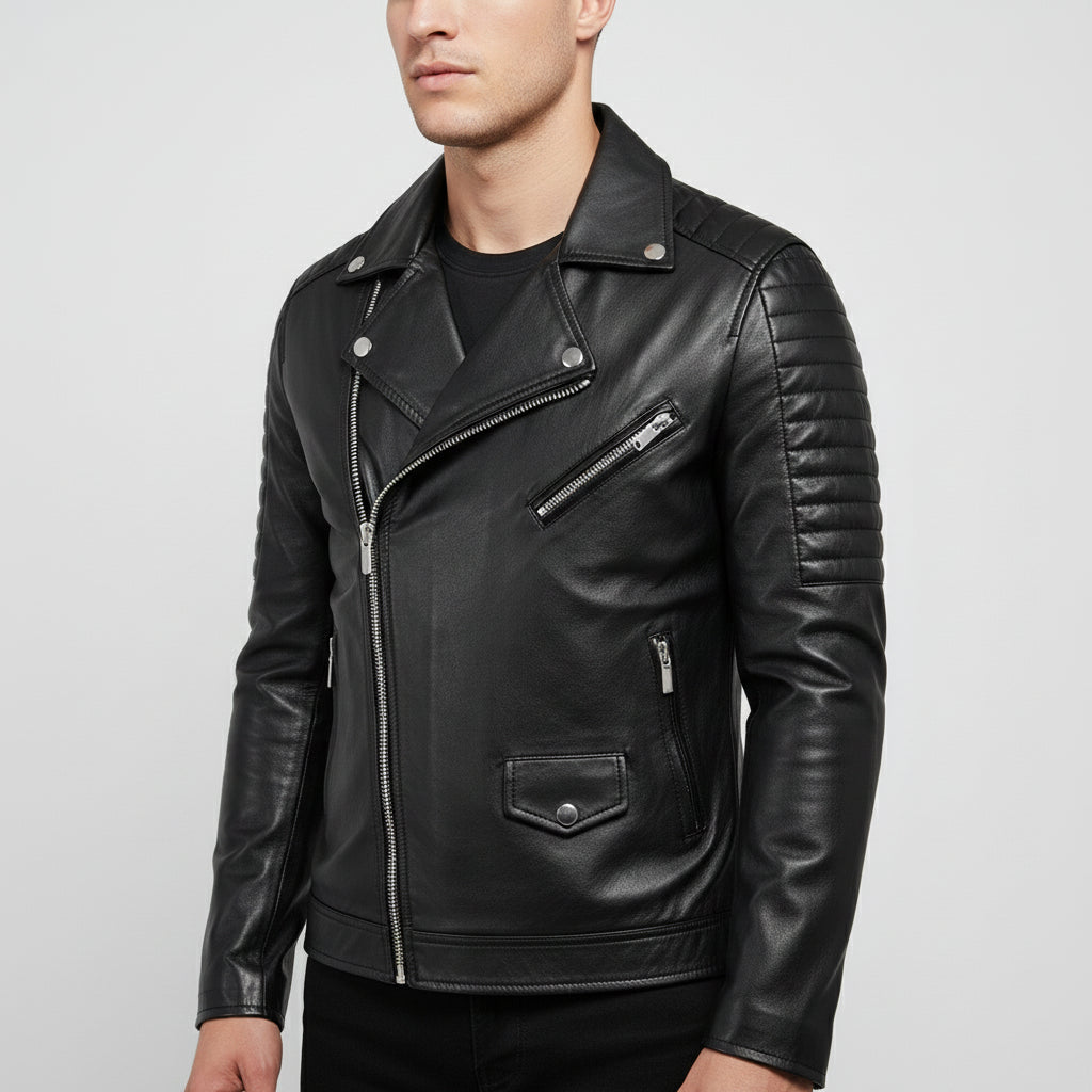 Handmade Men Black Leather Slim Fit Biker Jacket, Men Leather Outerwear for Racers